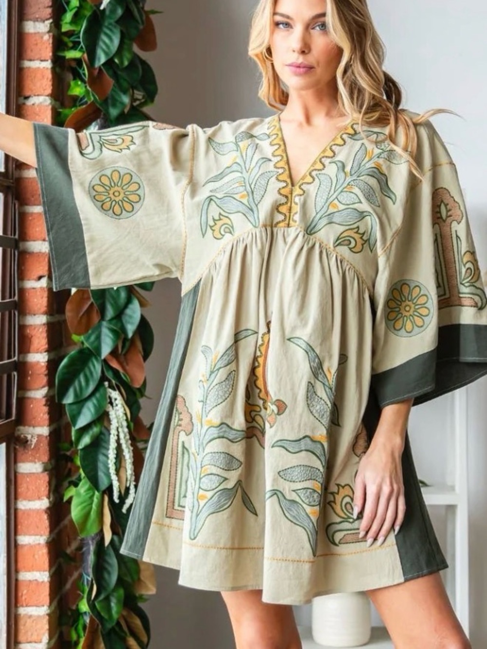 Veveret Boho Embroidered V-Neck Mini Dress in Sage & Cream